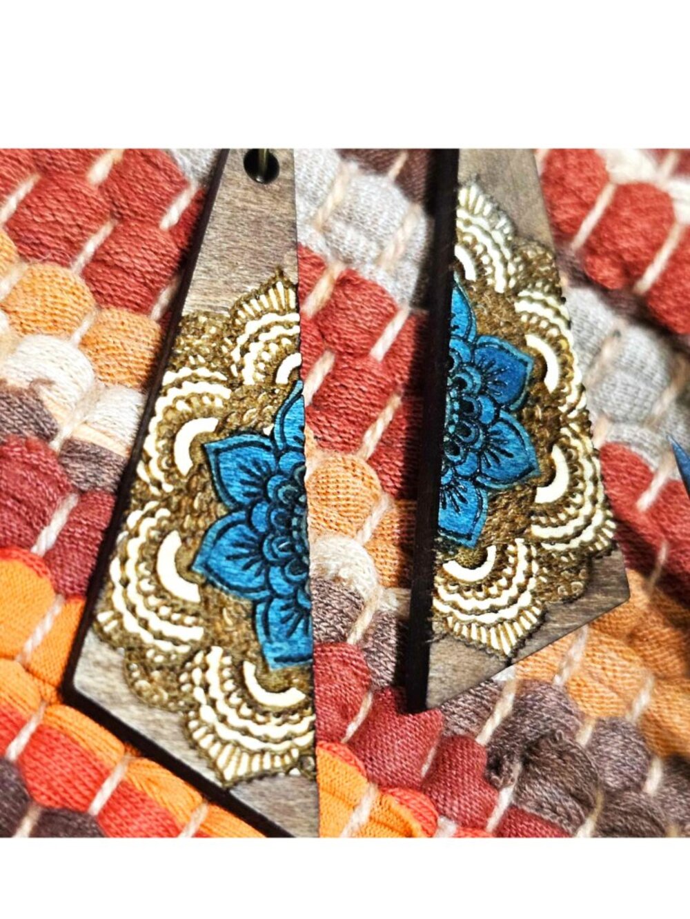 Boho Turquoise Ivory Mandala Statement Wood Earrings Geometric Dangle Pierced - Picture 5 of 11